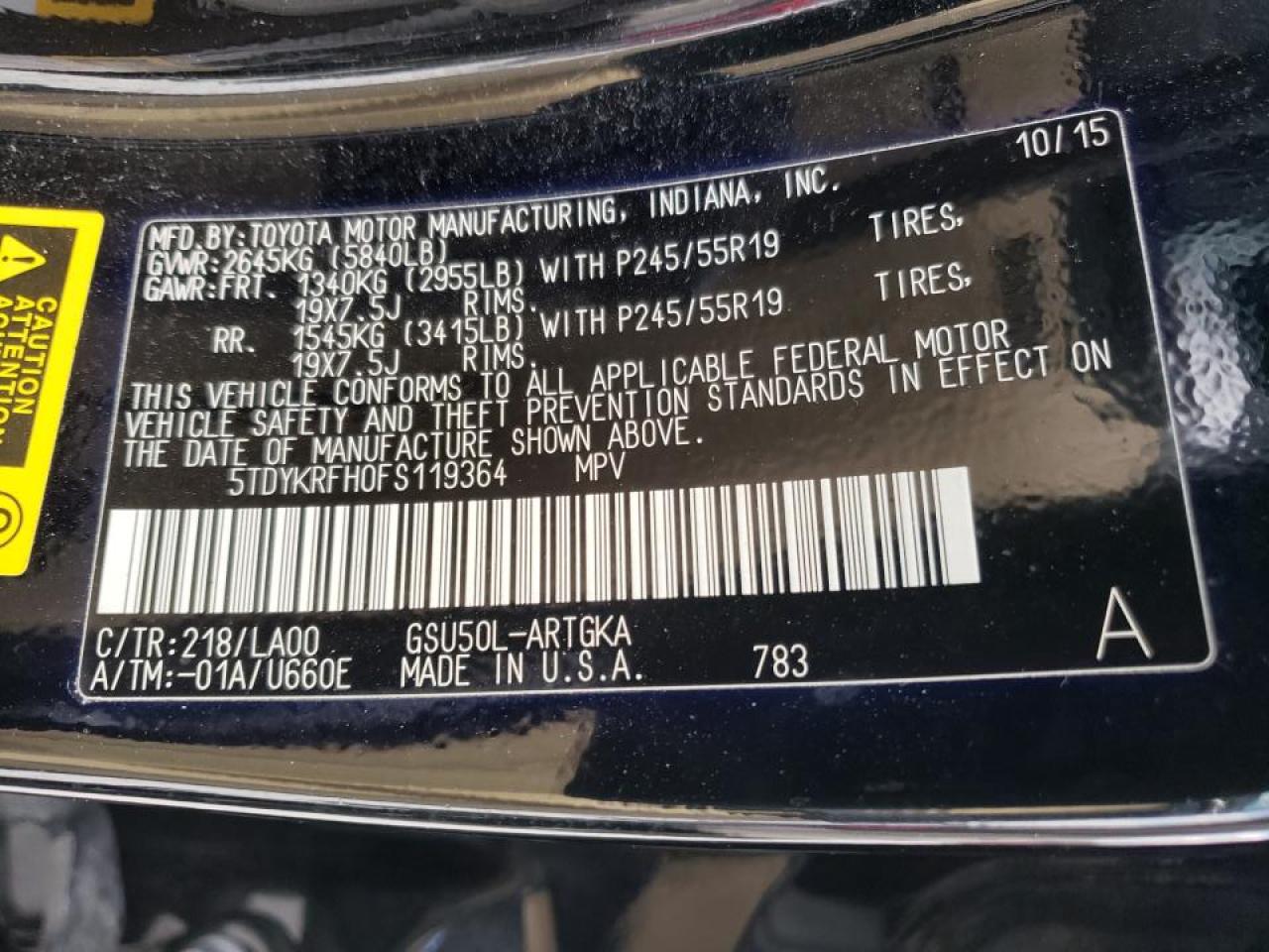 Photo 10 from auction – 2015 TOYOTA HIGHLANDER with VIN 5TDYKRFH0FS119364