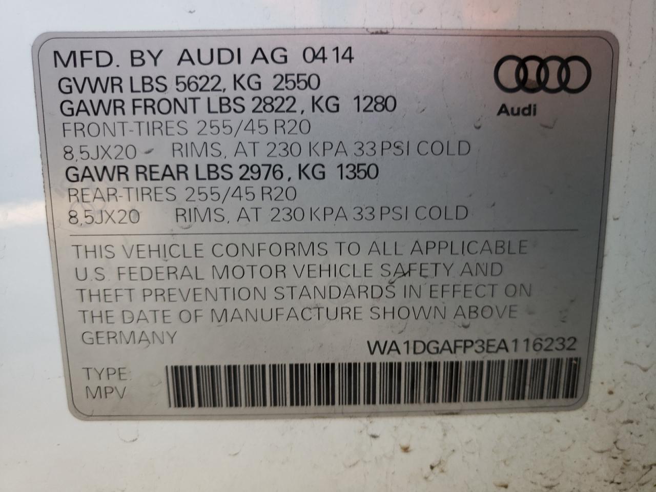 Photo 10 from auction – 2014 AUDI Q5 PREMIUM with VIN WA1DGAFP3EA116232