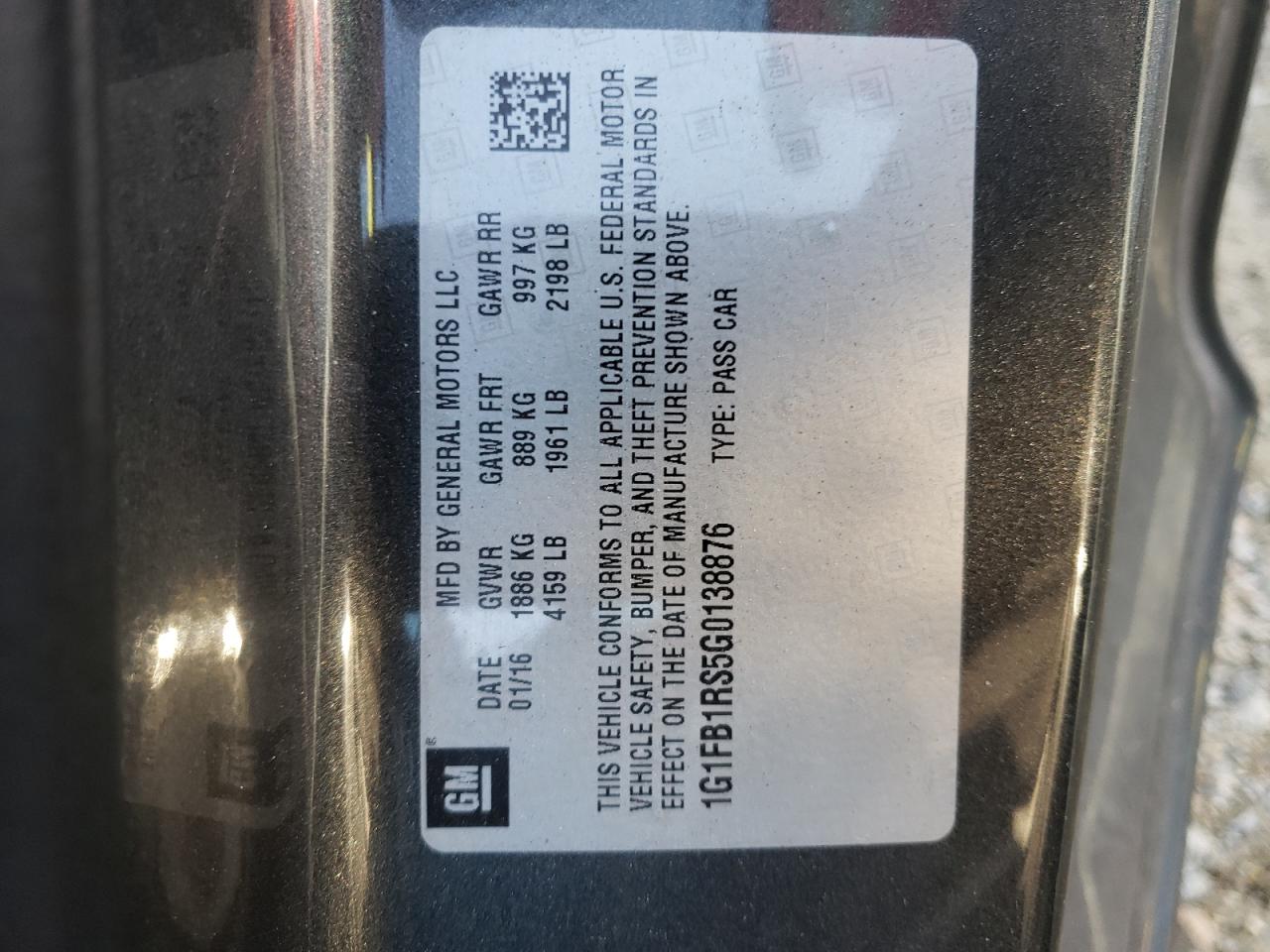 Photo 10 from auction – 2016 CHEVROLET CAMARO LT with VIN 1G1FB1RS5G0138876