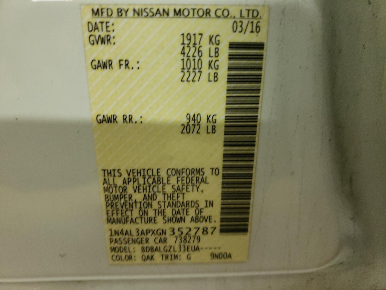Photo 10 from auction – 2016 NISSAN ALTIMA 2.5 with VIN 1N4AL3APXGN352787