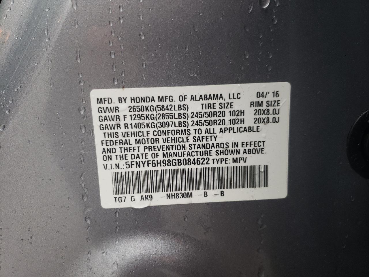 Photo 10 from auction – 2016 HONDA PILOT TOUR with VIN 5FNYF6H98GB084622