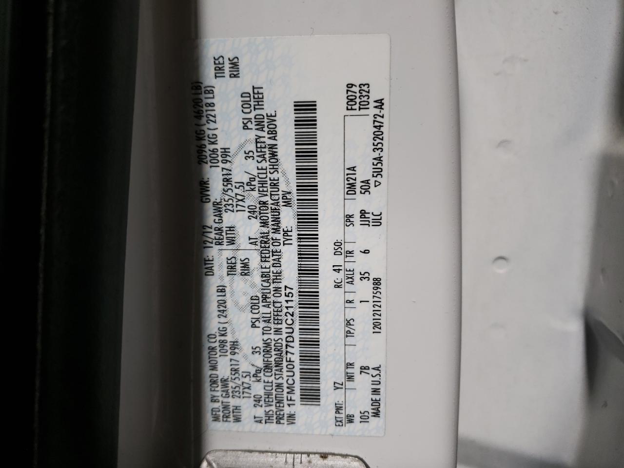 Photo 10 from auction – 2013 FORD ESCAPE S with VIN 1FMCU0F77DUC21157