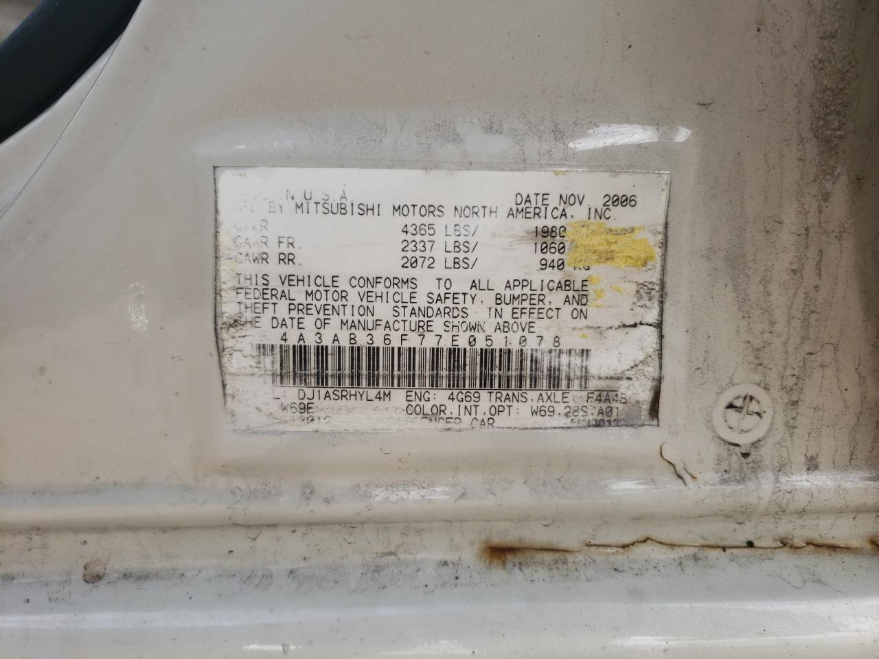 Photo 10 from auction – 2007 MITSUBISHI GALANT ES with VIN 4A3AB36F77E051078