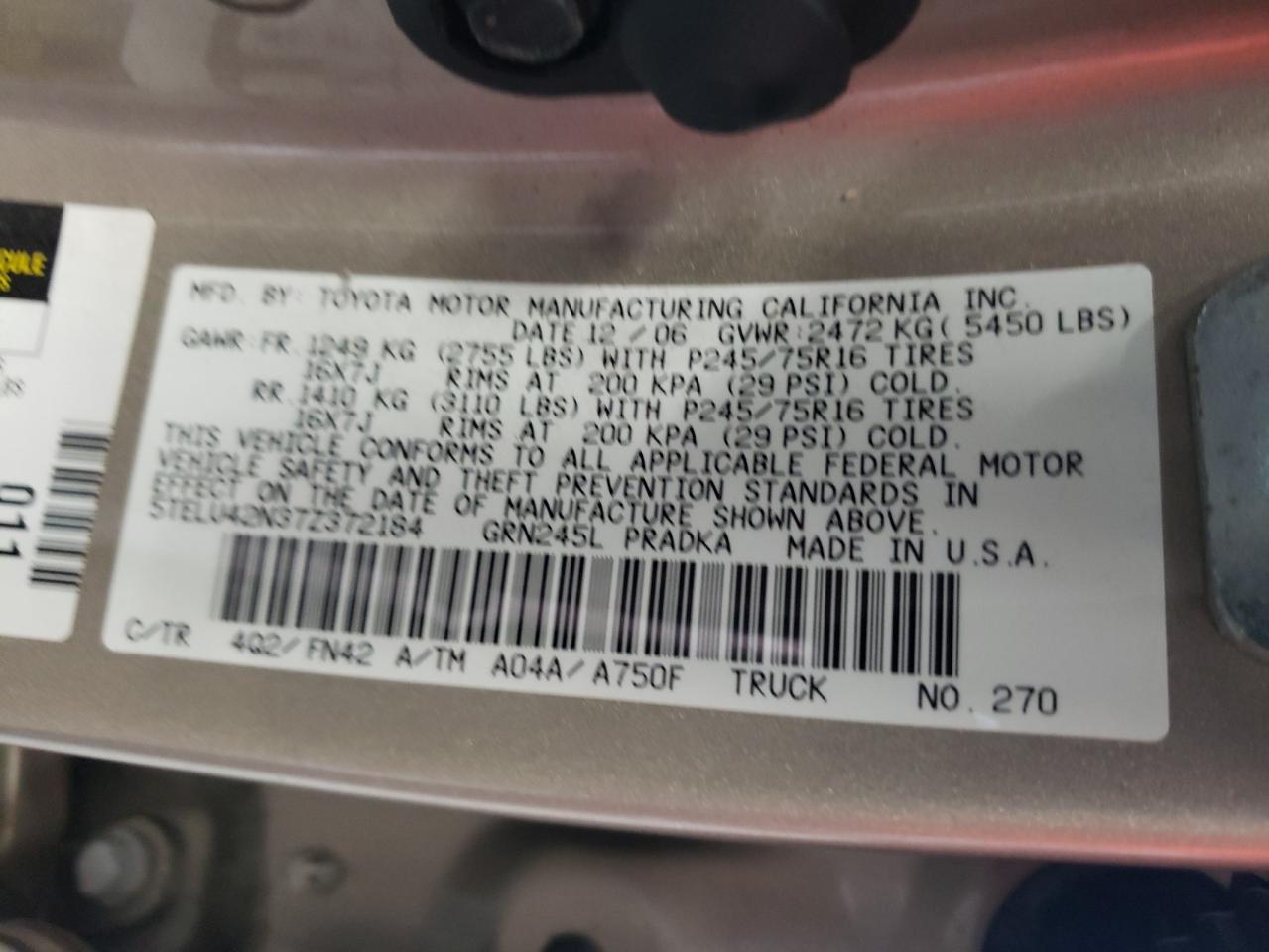 Photo 10 from auction – 2007 TOYOTA TACOMA DOU with VIN 5TELU42N37Z372184