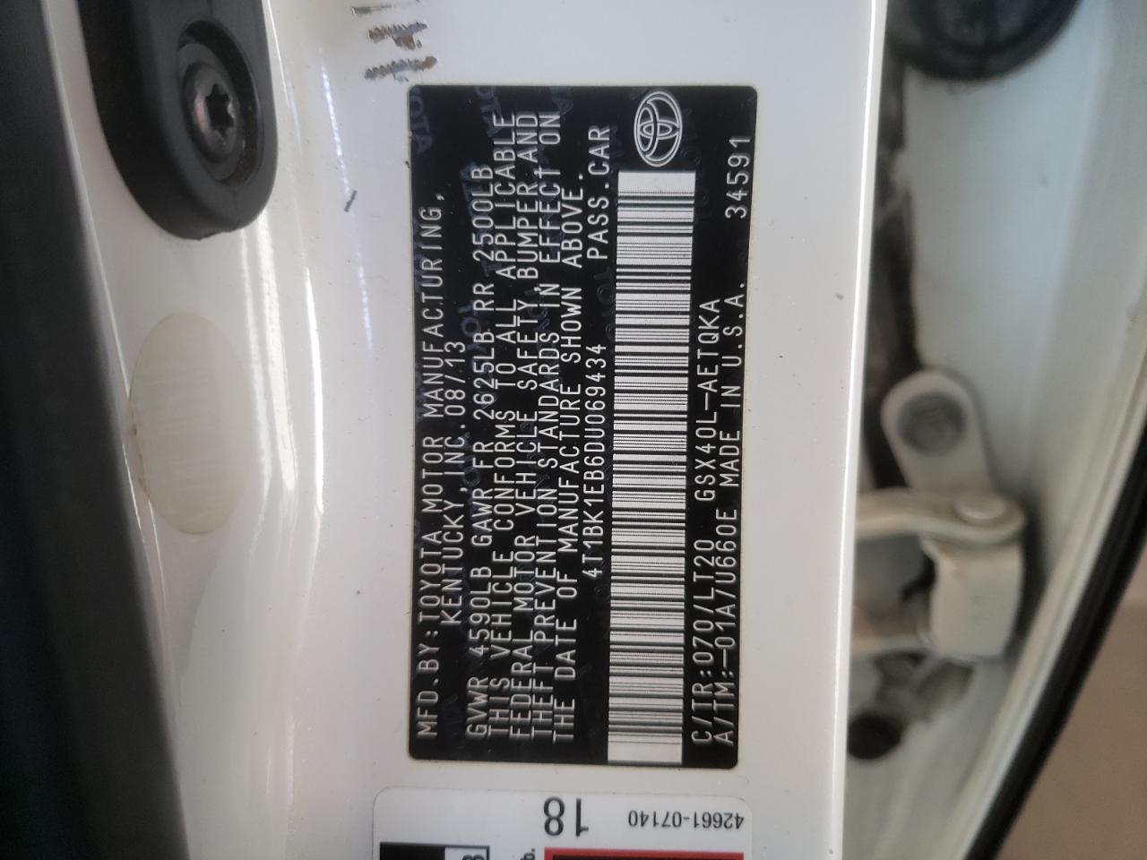 Photo 10 from auction – 2013 TOYOTA AVALON BAS with VIN 4T1BK1EB6DU069434