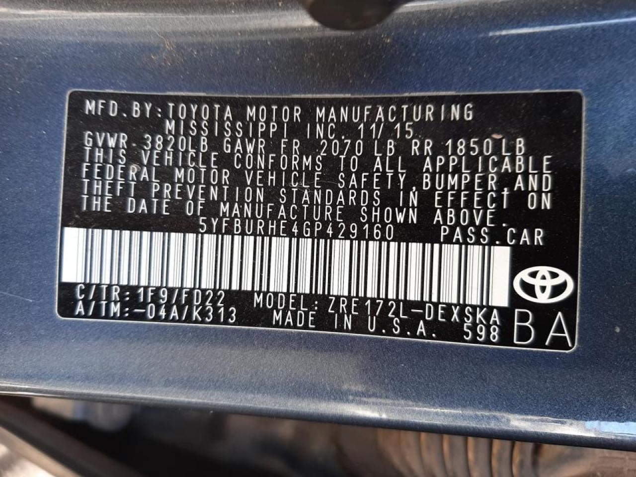 Photo 10 from auction – 2016 TOYOTA COROLLA L with VIN 5YFBURHE4GP429160