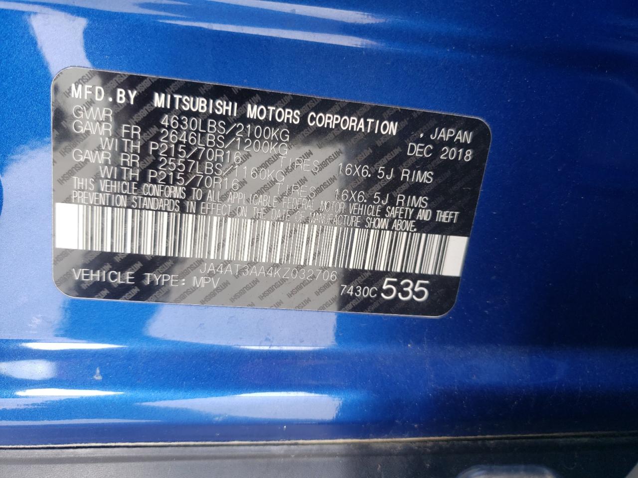 Photo 10 from auction – 2019 MITSUBISHI ECLIPSE CR with VIN JA4AT3AA4KZ032706