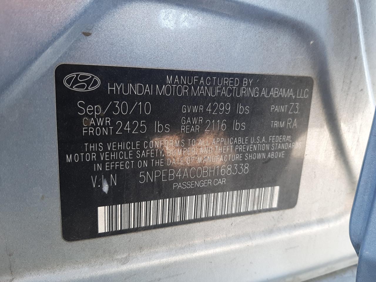 Photo 10 from auction – 2011 HYUNDAI SONATA GLS with VIN 5NPEB4AC0BH168338