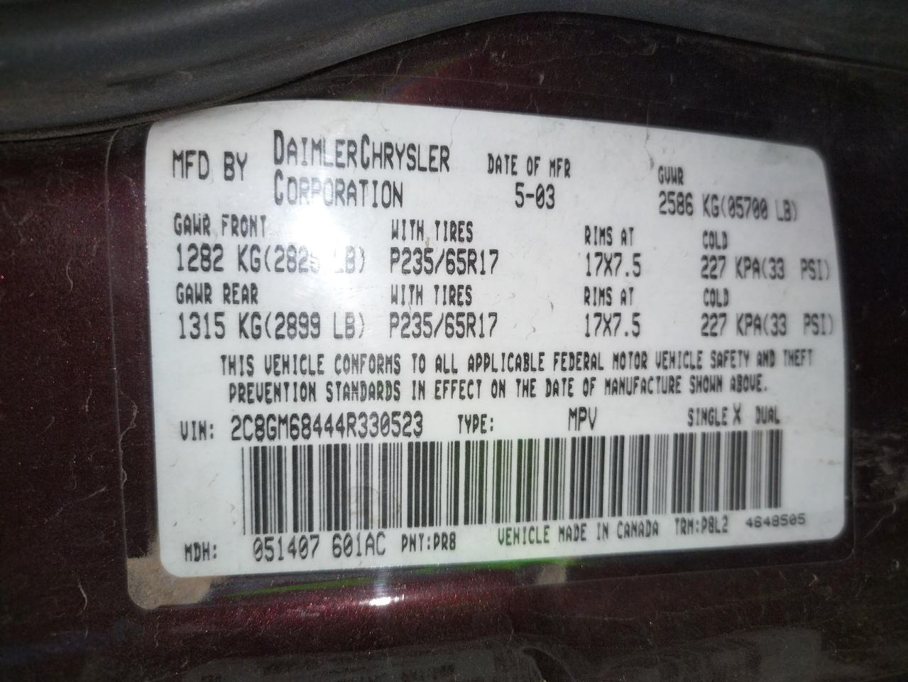 Photo 10 from auction – 2004 CHRYSLER PACIFICA with VIN 2C8GM68444R330523