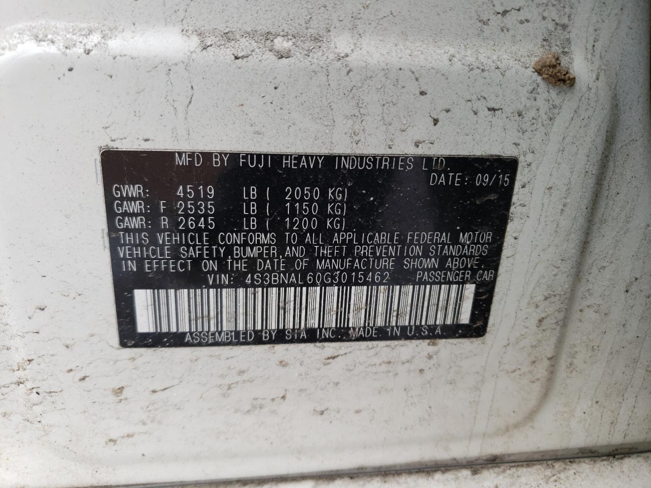 Photo 10 from auction – 2016 SUBARU LEGACY 2.5 with VIN 4S3BNAL60G3015462