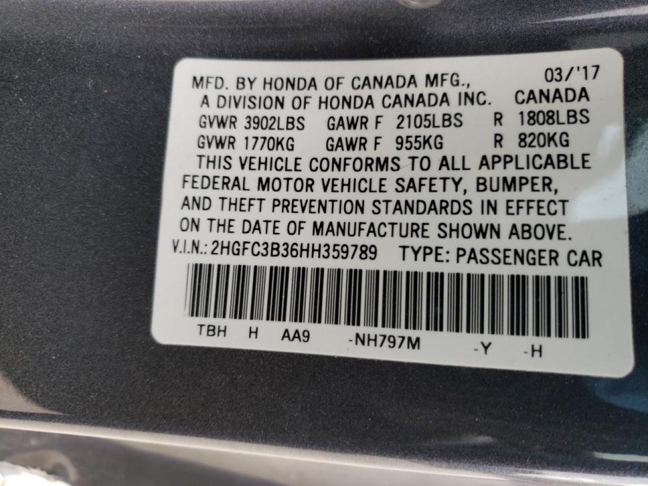 Photo 10 from auction – 2017 HONDA CIVIC EX with VIN 2HGFC3B36HH359789