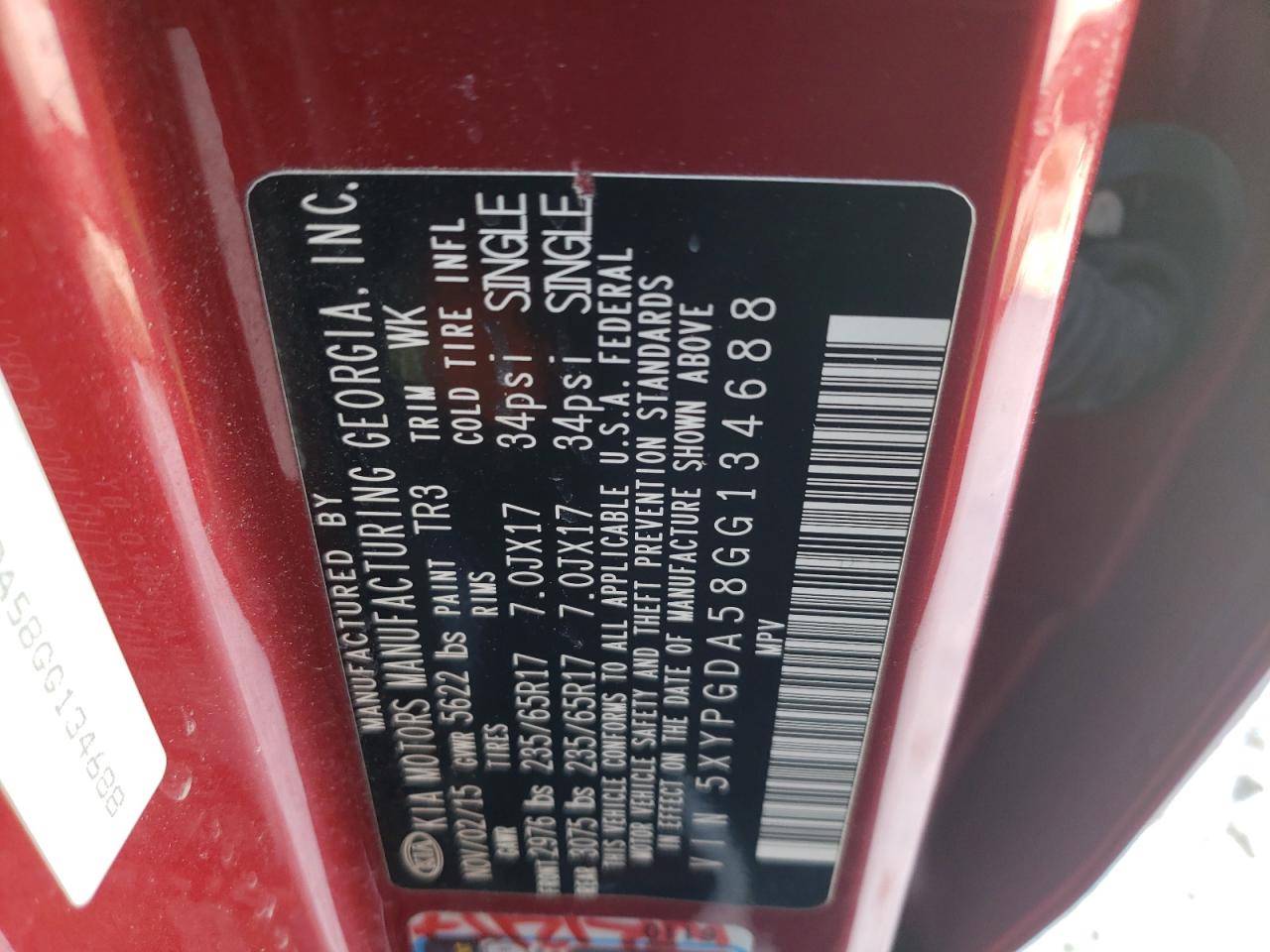 Photo 10 from auction – 2016 KIA SORENTO LX with VIN 5XYPGDA58GG134688