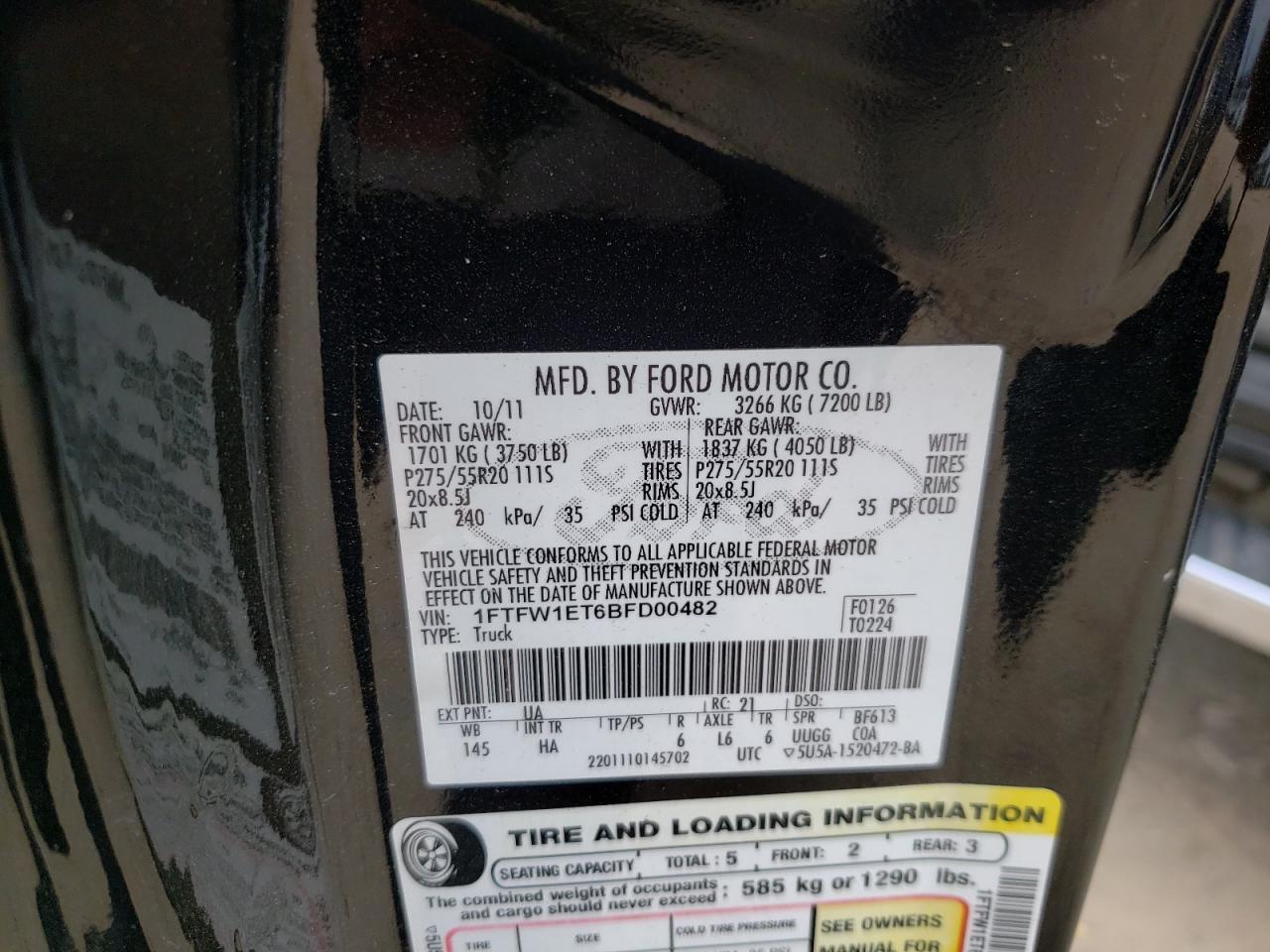 Photo 10 from auction – 2011 FORD F150 SUPER with VIN 1FTFW1ET6BFD00482