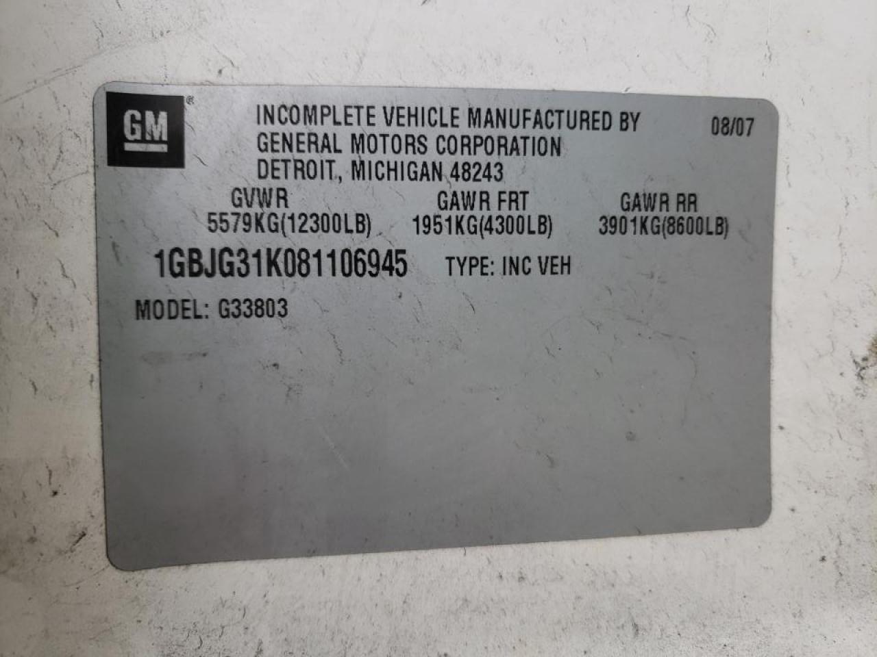 Photo 10 from auction – 2008 CHEVROLET EXPRESS G3 with VIN 1GBJG31K081106945