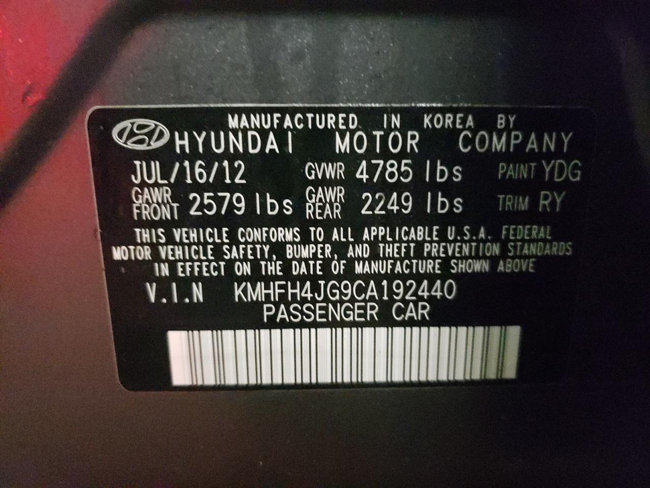 Photo 10 from auction – 2012 HYUNDAI AZERA GLS with VIN KMHFH4JG9CA192440