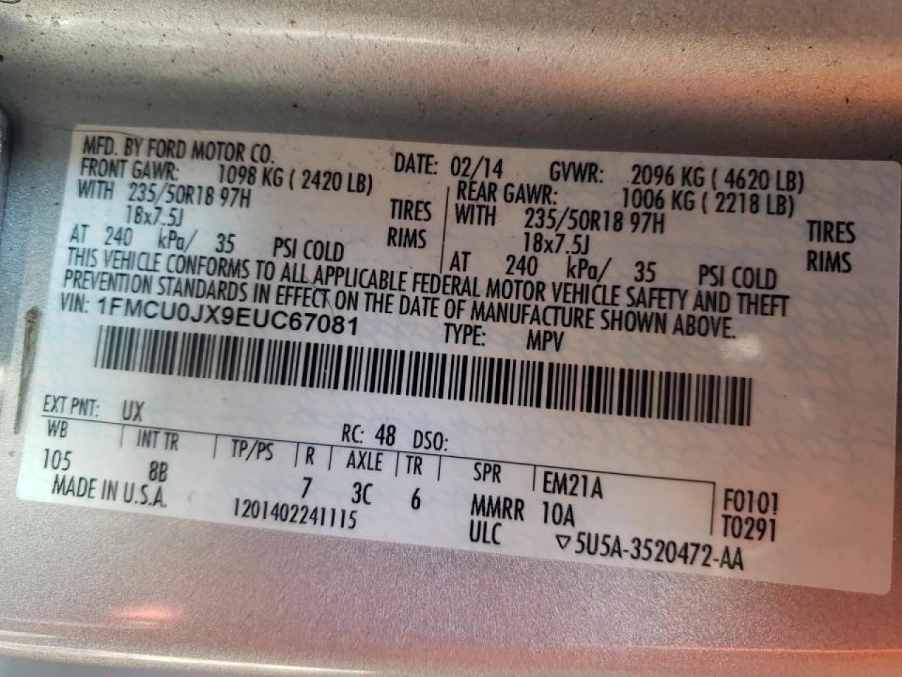 Photo 10 from auction – 2014 FORD ESCAPE TIT with VIN 1FMCU0JX9EUC67081