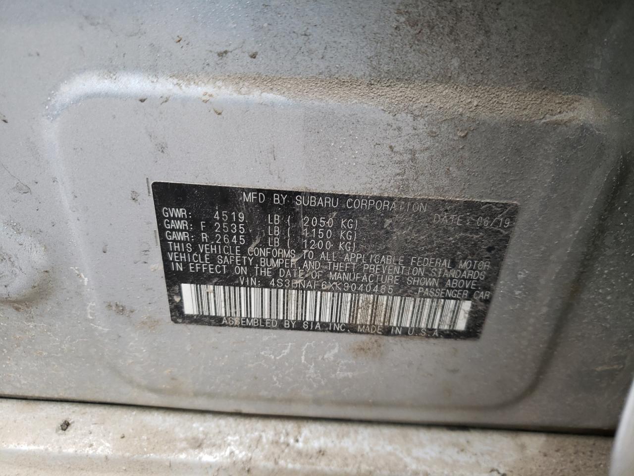 Photo 10 from auction – 2019 SUBARU LEGACY 2.5 with VIN 4S3BNAF6XK3040485