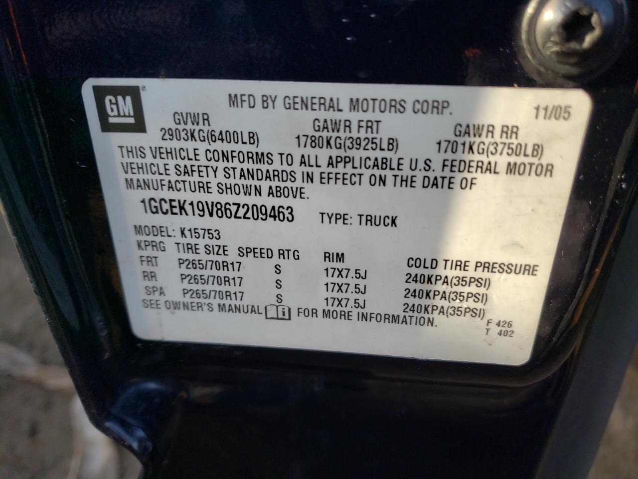 Photo 10 from auction – 2006 CHEVROLET SILVERADO with VIN 1GCEK19V86Z209463