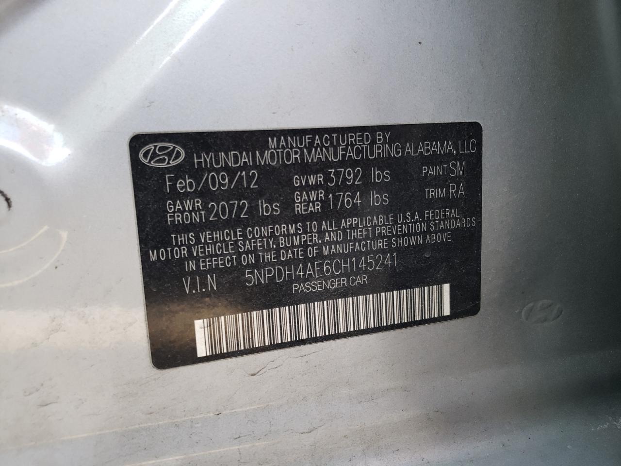 Photo 10 from auction – 2012 HYUNDAI ELANTRA GL with VIN 5NPDH4AE6CH145241