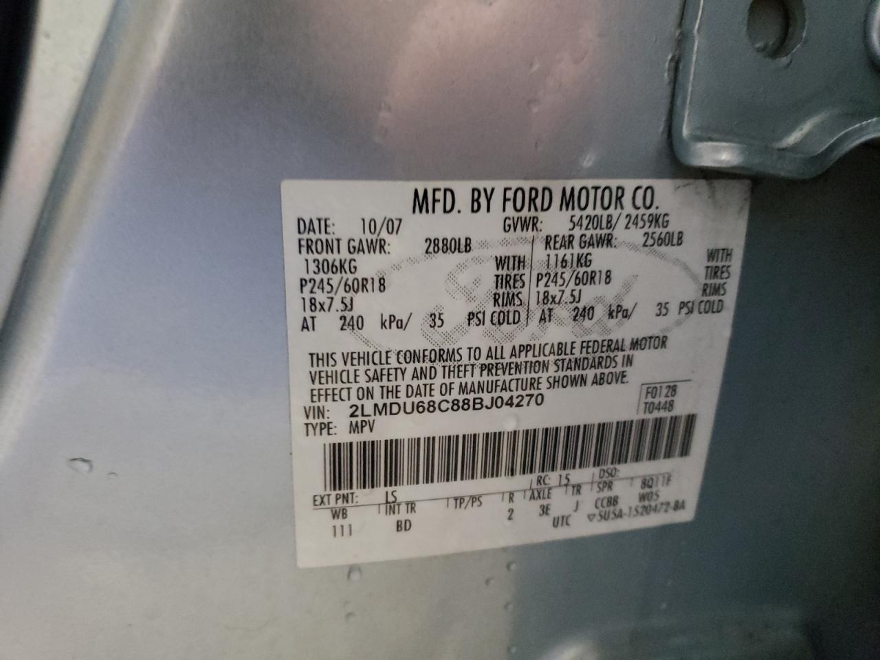 Photo 10 from auction – 2008 LINCOLN MKX with VIN 2LMDU68C88BJ04270