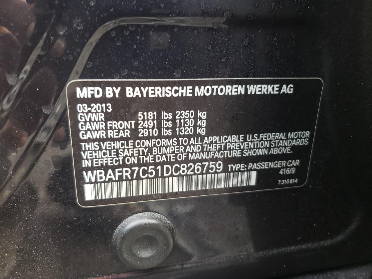 Photo 10 from auction – 2013 BMW 535 I with VIN WBAFR7C51DC826759