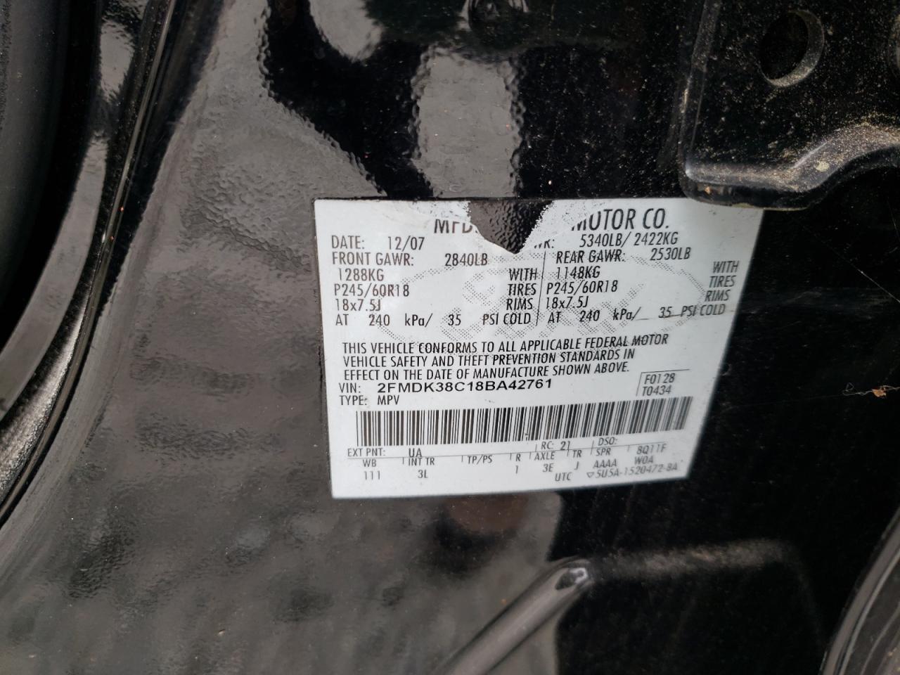 Photo 10 from auction – 2008 FORD EDGE SEL with VIN 2FMDK38C18BA42761