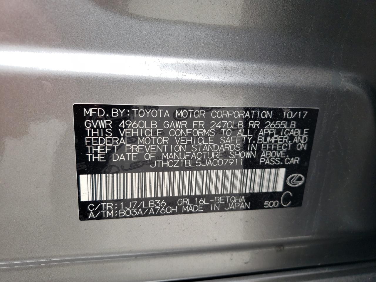 Photo 10 from auction – 2018 LEXUS GS 350 BAS with VIN JTHCZ1BL5JA007911
