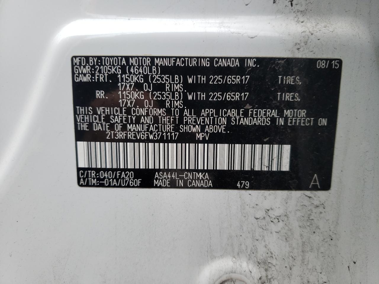 Photo 10 from auction – 2015 TOYOTA RAV4 XLE with VIN 2T3RFREV6FW371117