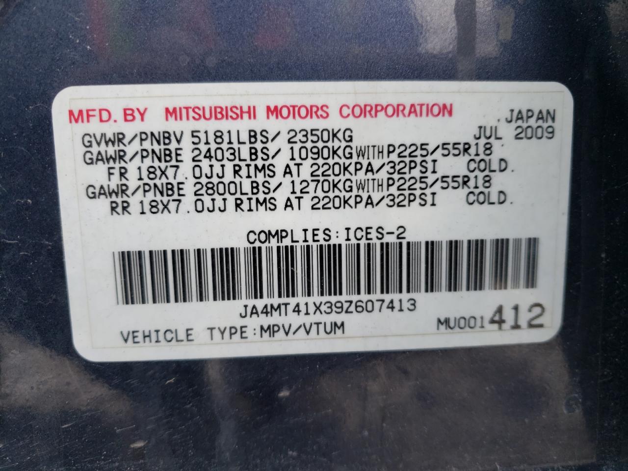 Photo 10 from auction – 2009 MITSUBISHI OUTLANDER with VIN JA4MT41X39Z607413