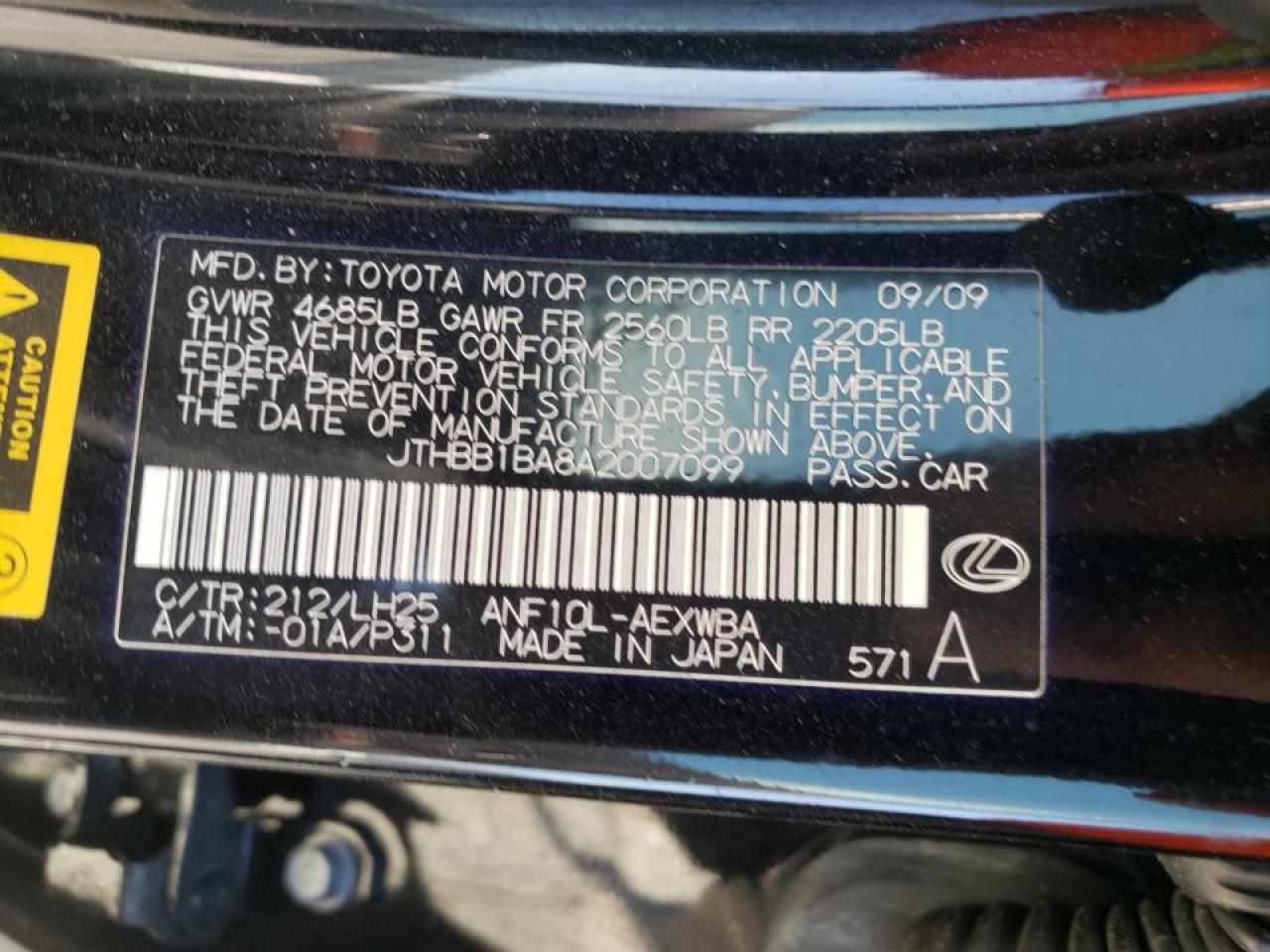 Photo 10 from auction – 2010 LEXUS HS 250H with VIN JTHBB1BA8A2007099