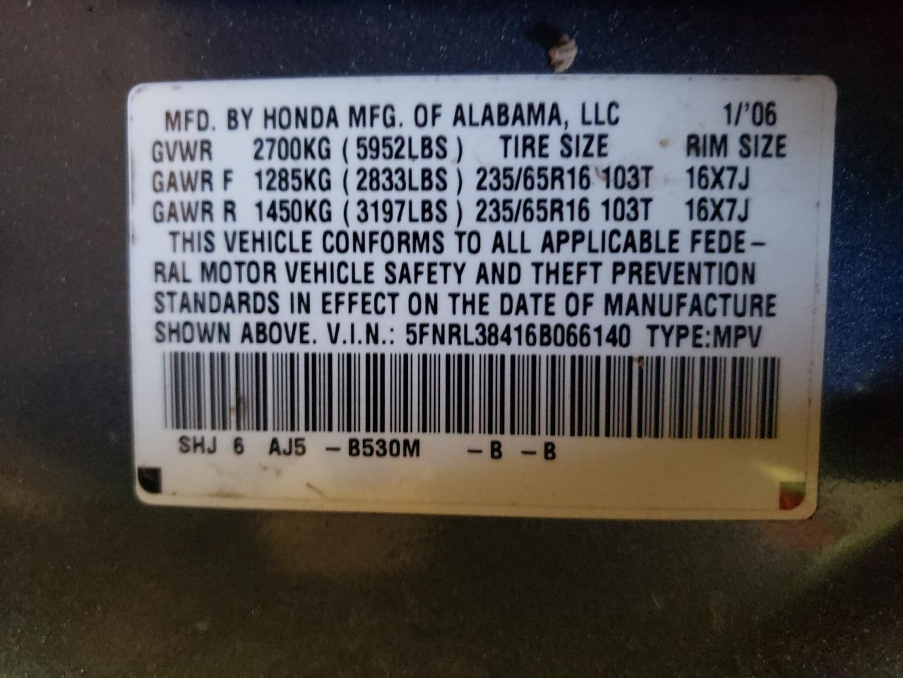 Photo 10 from auction – 2006 HONDA ODYSSEY EX with VIN 5FNRL38416B066140