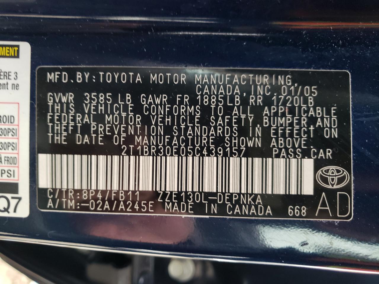Photo 10 from auction – 2005 TOYOTA COROLLA CE with VIN 2T1BR30E05C439157