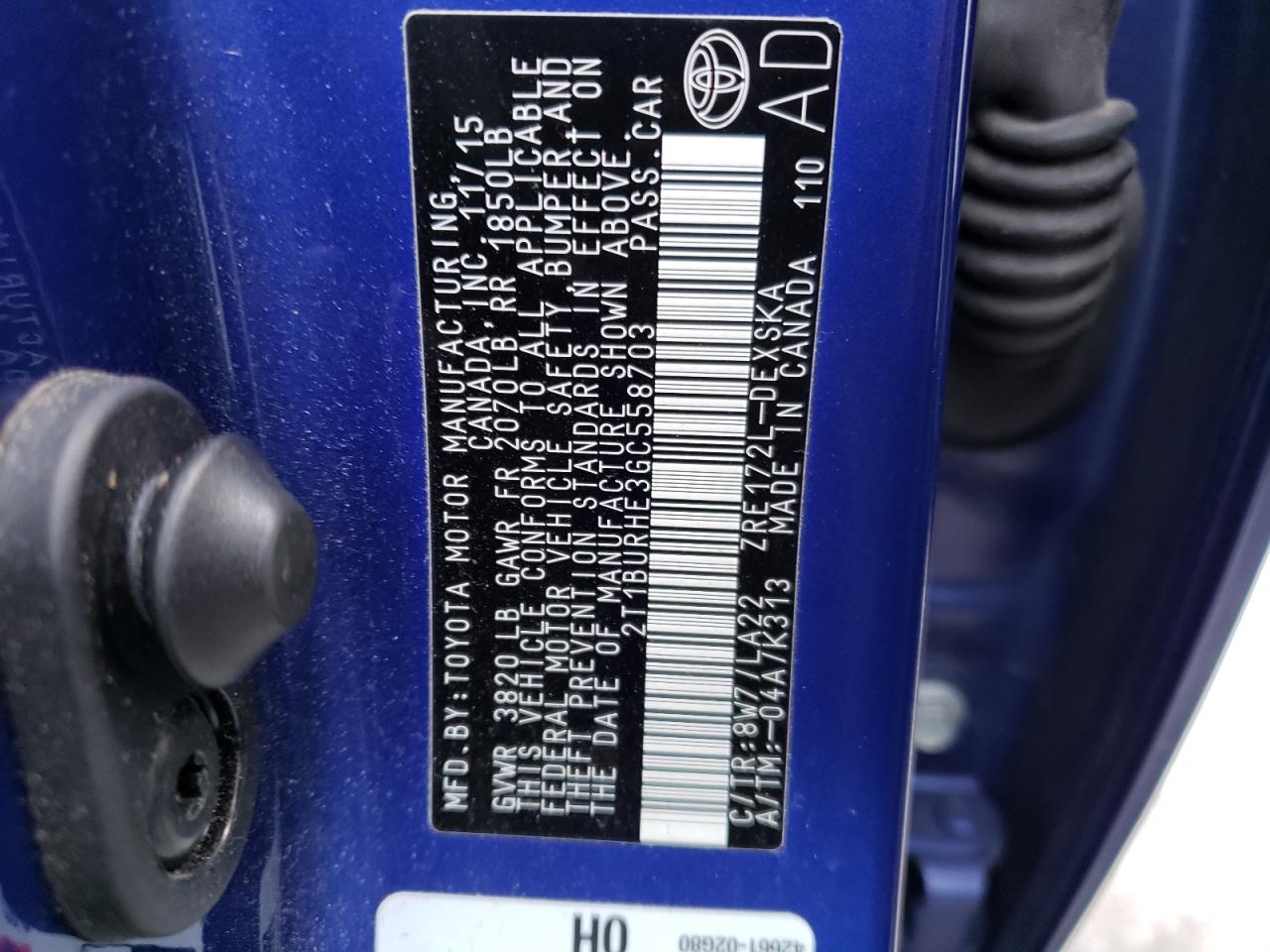 Photo 10 from auction – 2016 TOYOTA COROLLA L with VIN 2T1BURHE3GC558703