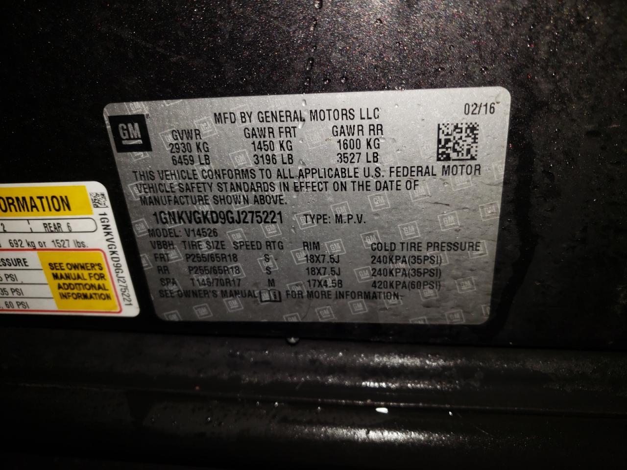 Photo 10 from auction – 2016 CHEVROLET TRAVERSE L with VIN 1GNKVGKD9GJ275221