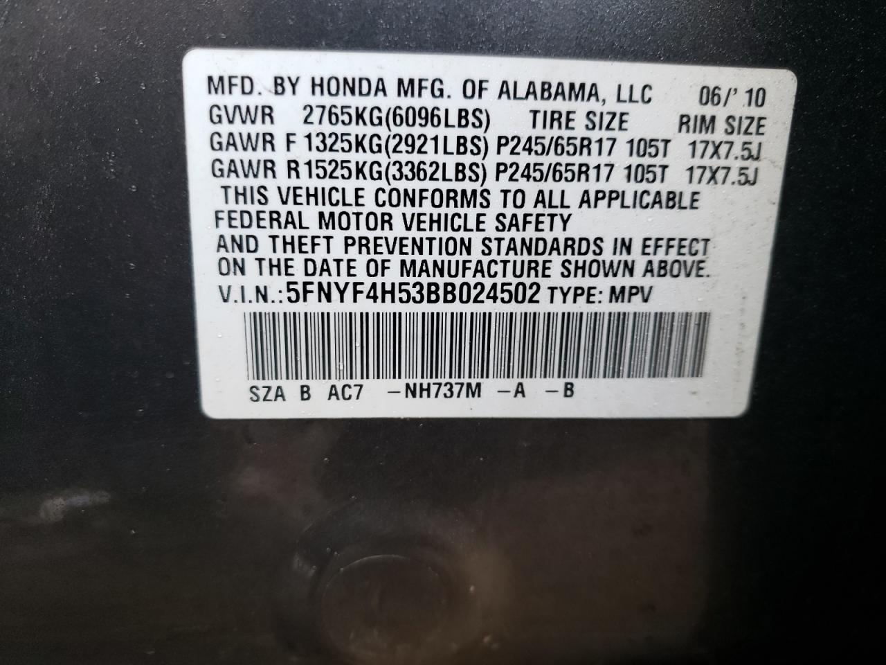Photo 10 from auction – 2011 HONDA PILOT EXL with VIN 5FNYF4H53BB024502