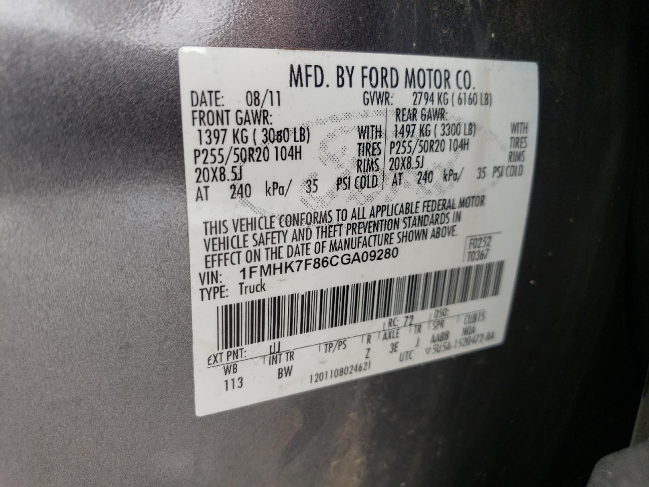 Photo 10 from auction – 2012 FORD EXPLORER L with VIN 1FMHK7F86CGA09280