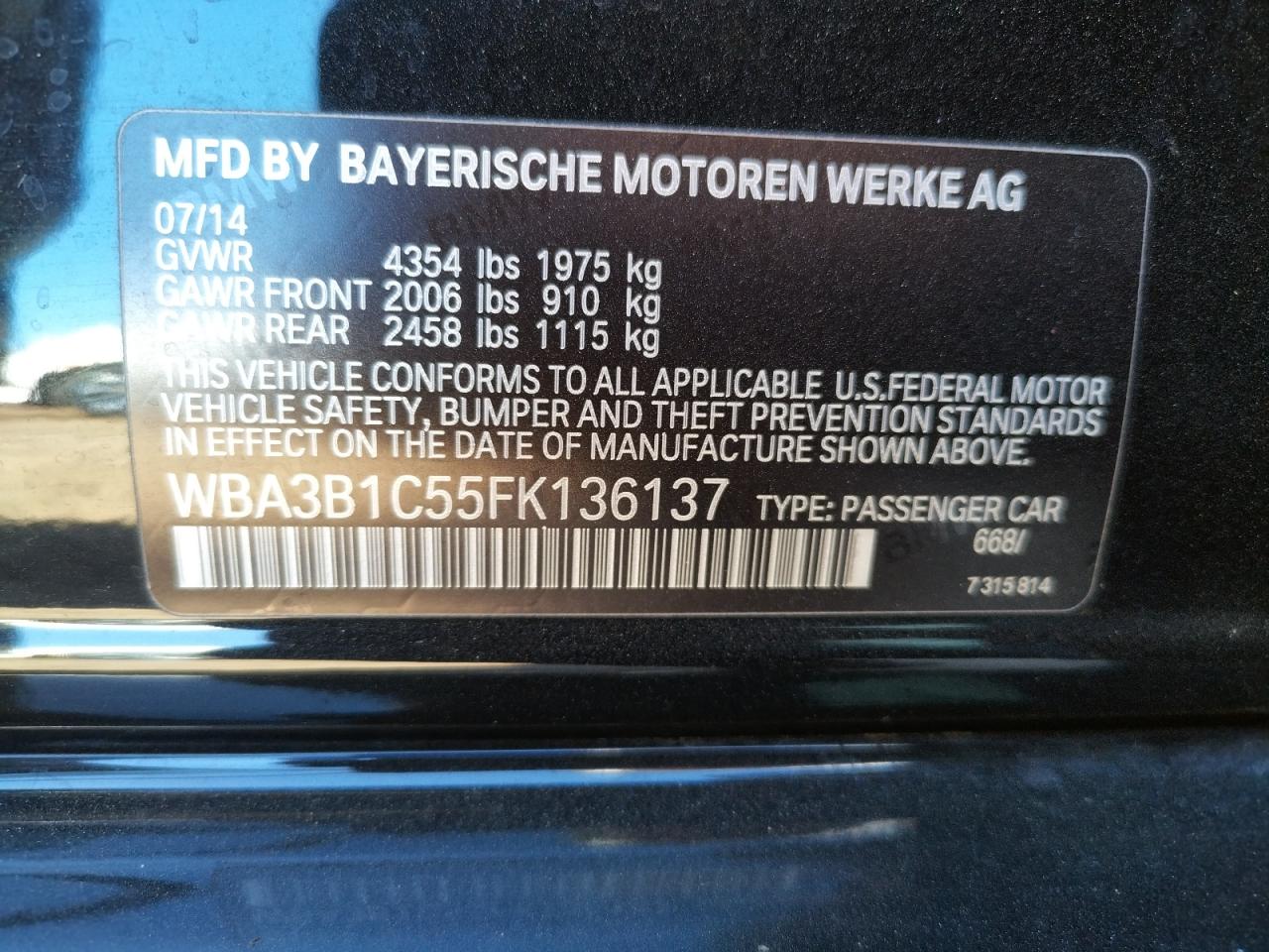 Photo 10 from auction – 2015 BMW 320 I with VIN WBA3B1C55FK136137