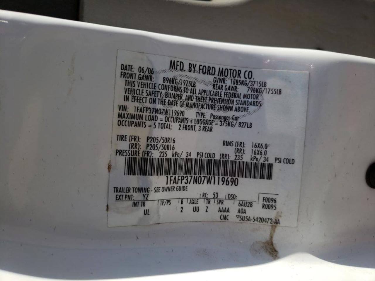 Photo 10 from auction – 2007 FORD FOCUS ZX5 with VIN 1FAFP37N07W119690