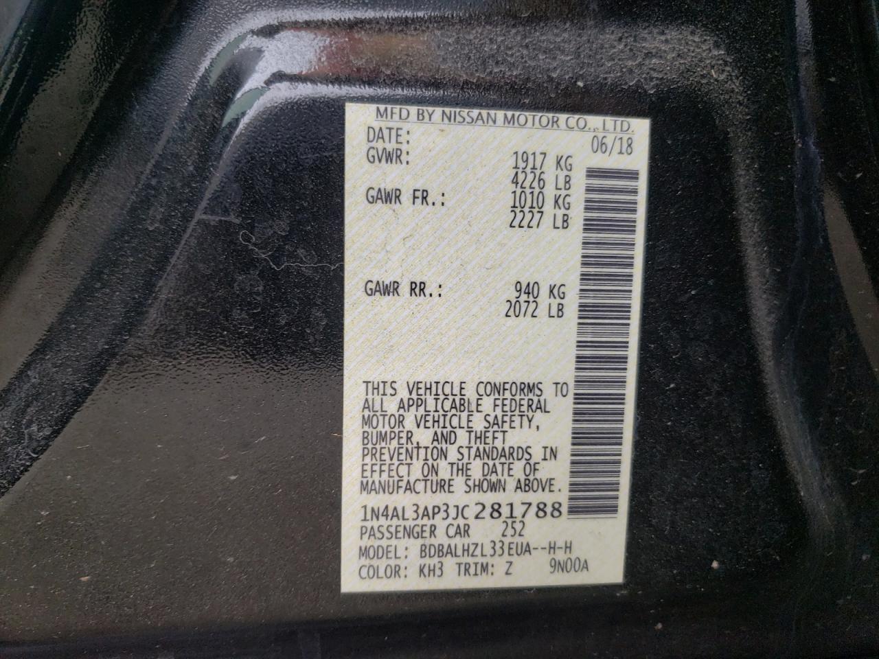 Photo 10 from auction – 2018 NISSAN ALTIMA 2.5 with VIN 1N4AL3AP3JC281788