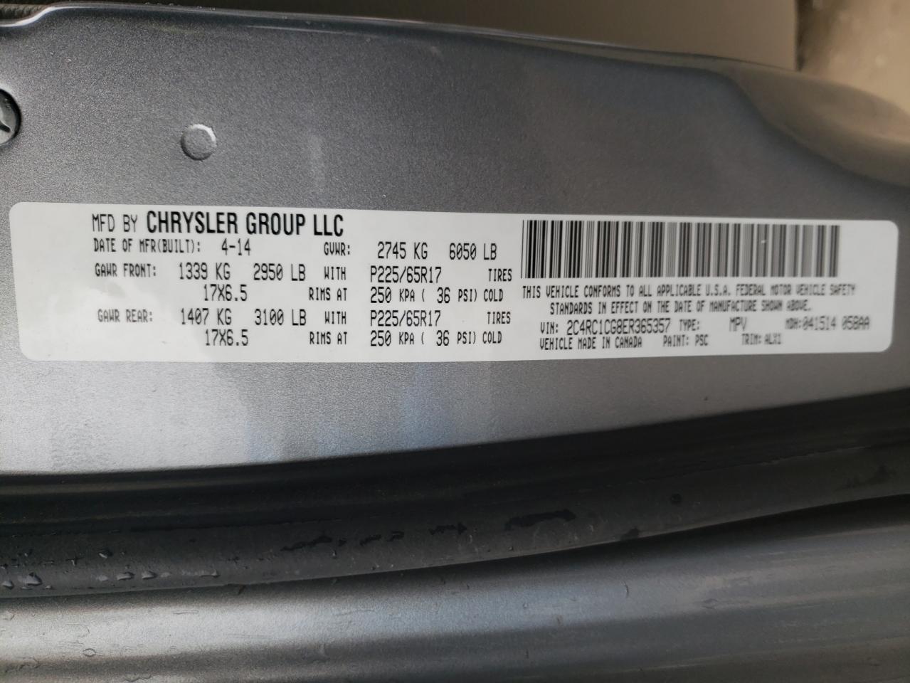 Photo 10 from auction – 2014 CHRYSLER TOWN & COU with VIN 2C4RC1CG8ER365357