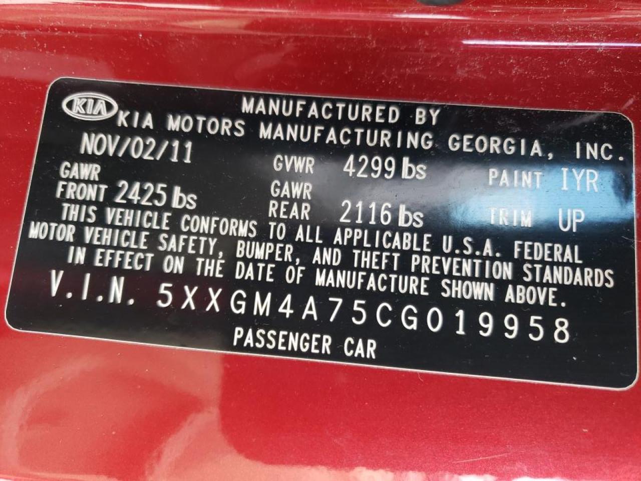 Photo 10 from auction – 2012 KIA OPTIMA LX with VIN 5XXGM4A75CG019958