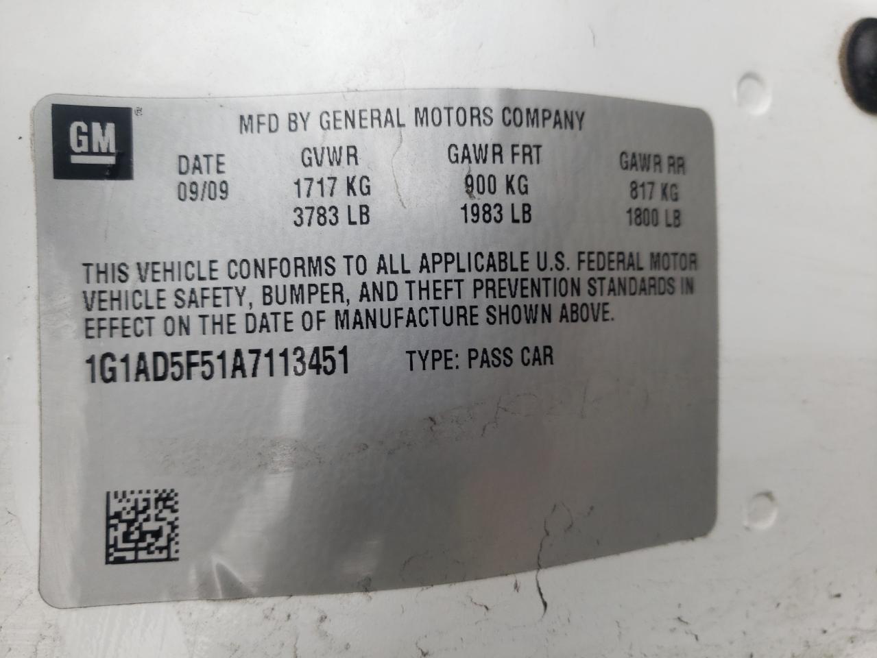 Photo 10 from auction – 2010 CHEVROLET COBALT 1LT with VIN 1G1AD5F51A7113451