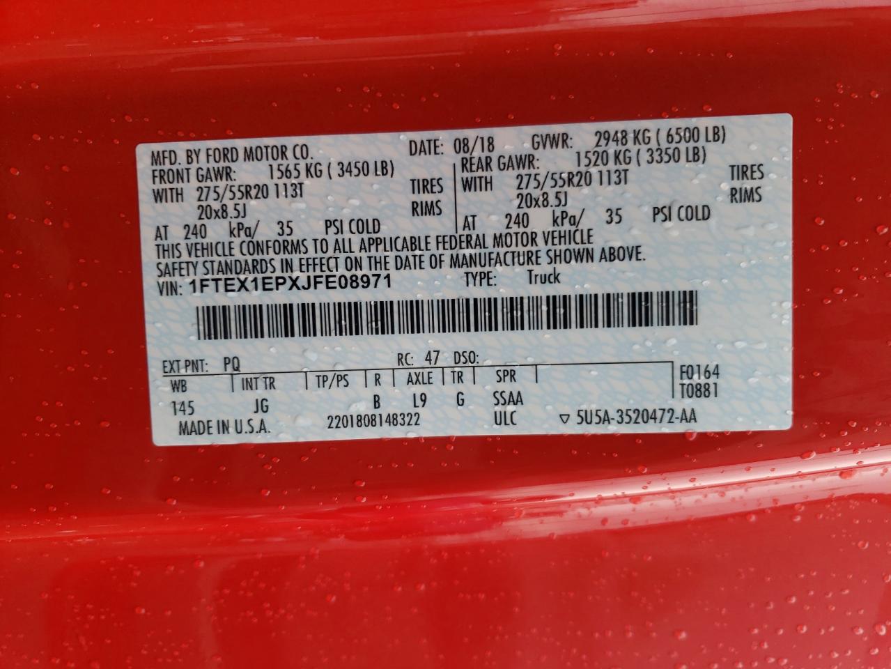 Photo 10 from auction – 2018 FORD F150 SUPER with VIN 1FTEX1EPXJFE08971