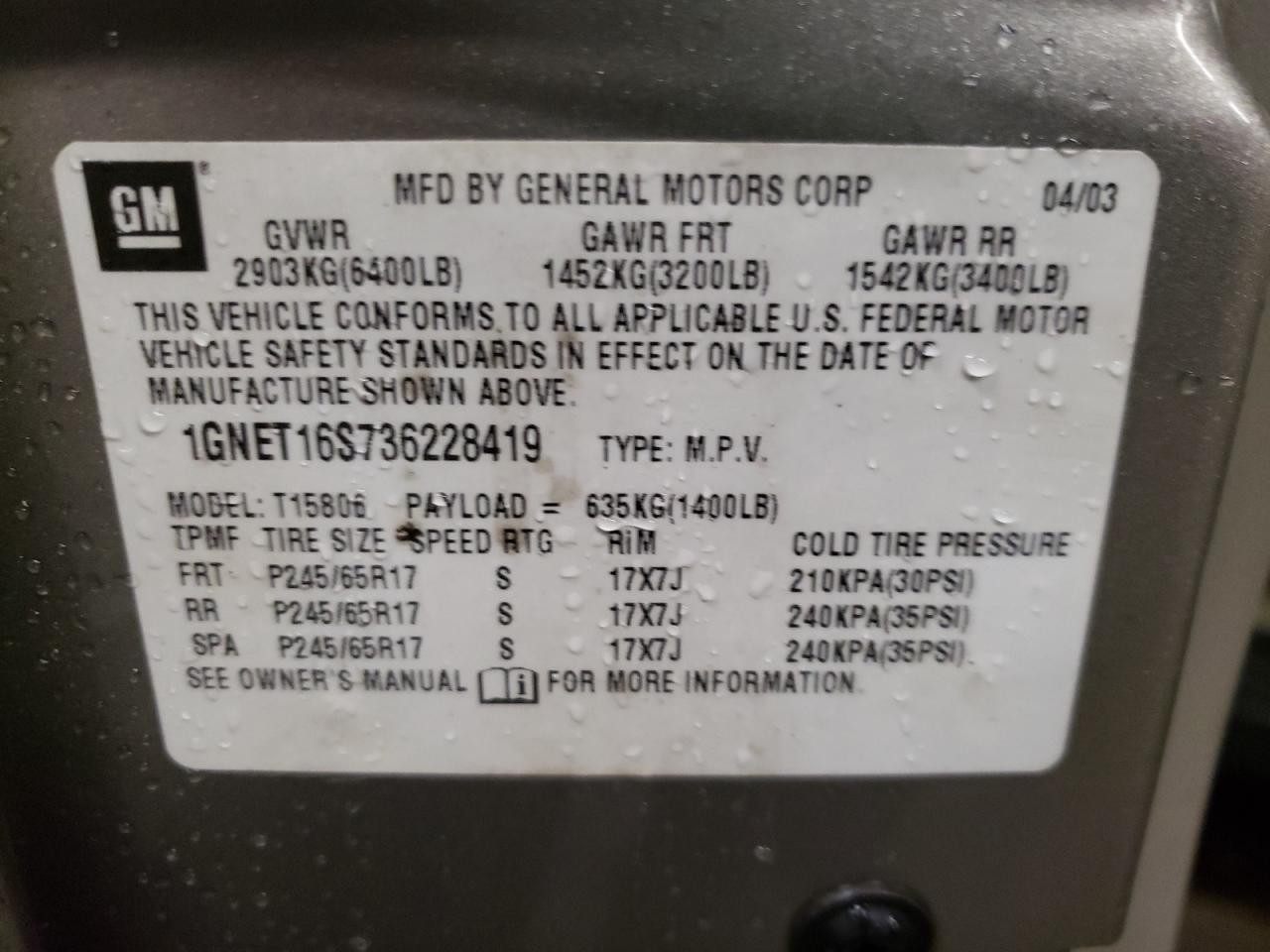 Photo 10 from auction – 2003 CHEVROLET TRAILBLAZE with VIN 1GNET16S736228419