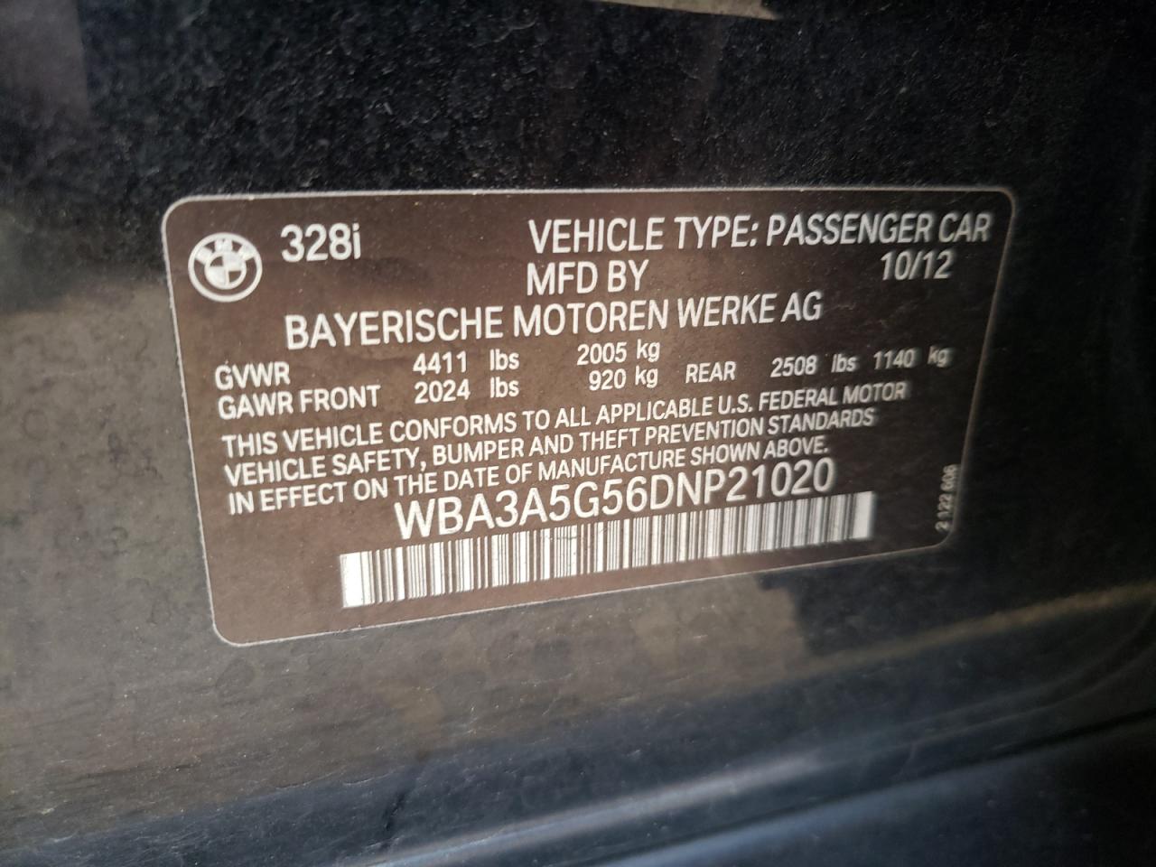 Photo 10 from auction – 2013 BMW 328 I with VIN WBA3A5G56DNP21020