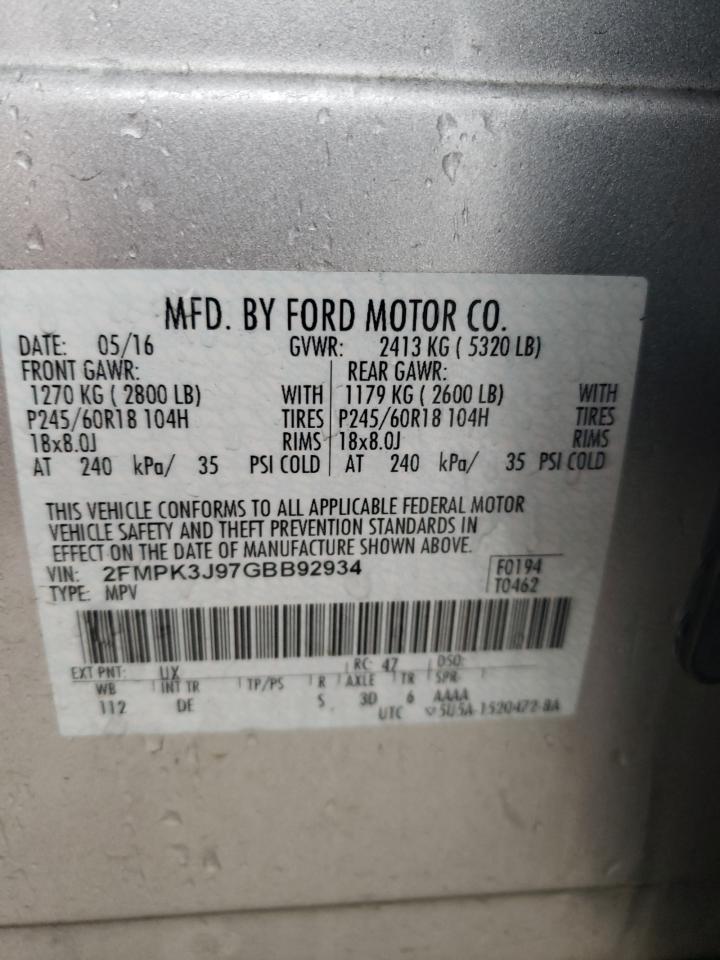 Photo 10 from auction – 2016 FORD EDGE SEL with VIN 2FMPK3J97GBB92934