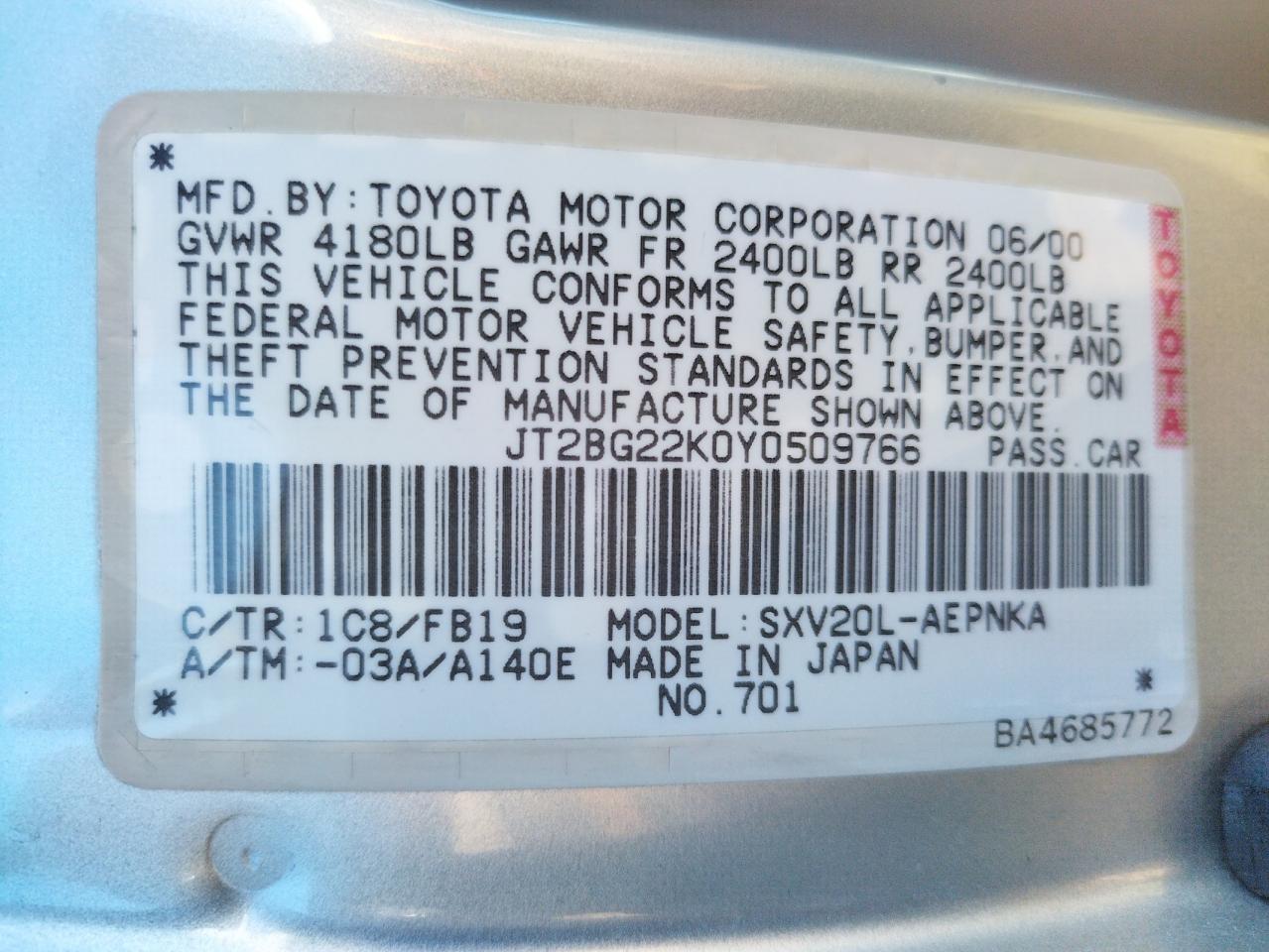 Photo 10 from auction – 2000 TOYOTA CAMRY CE with VIN JT2BG22K0Y0509766