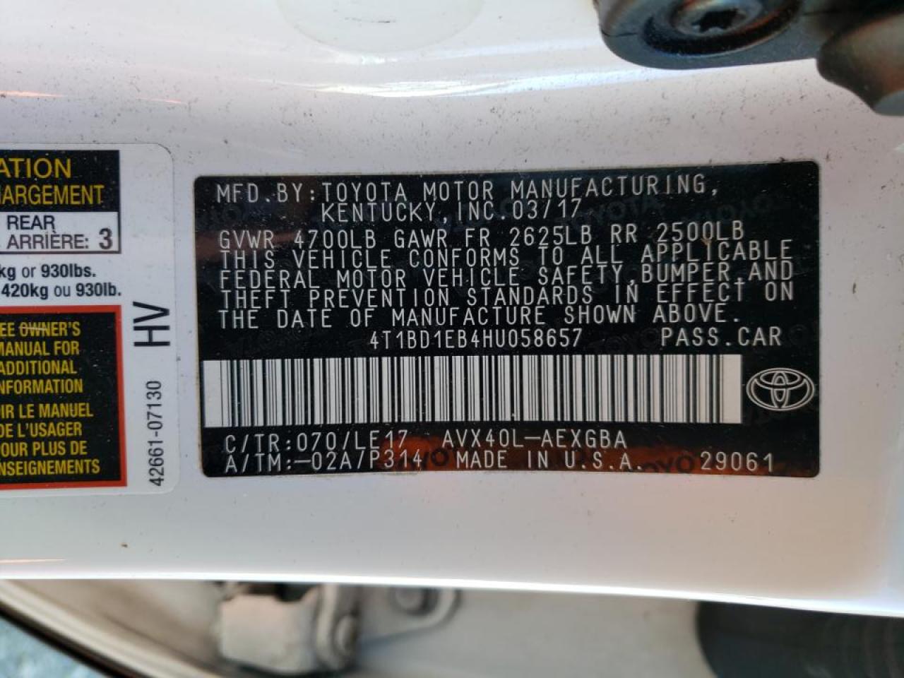 Photo 10 from auction – 2017 TOYOTA AVALON HYB with VIN 4T1BD1EB4HU058657