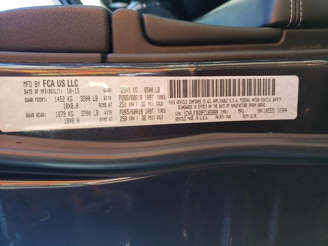 Photo 10 from auction – 2015 JEEP GRAND CHER with VIN 1C4RJFBG9FC183889