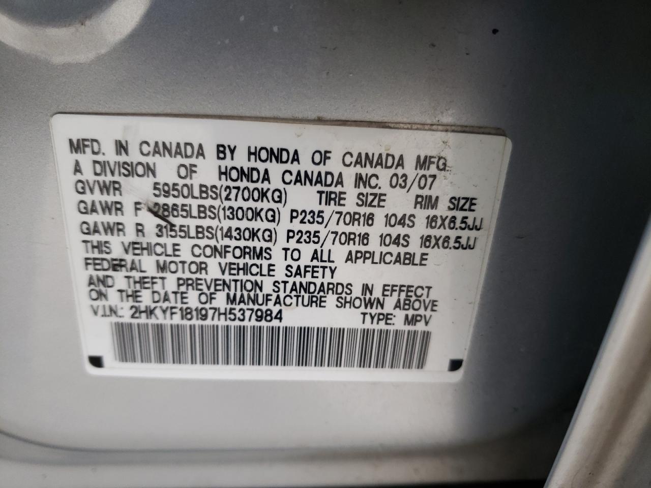 Photo 10 from auction – 2007 HONDA PILOT LX with VIN 2HKYF18197H537984
